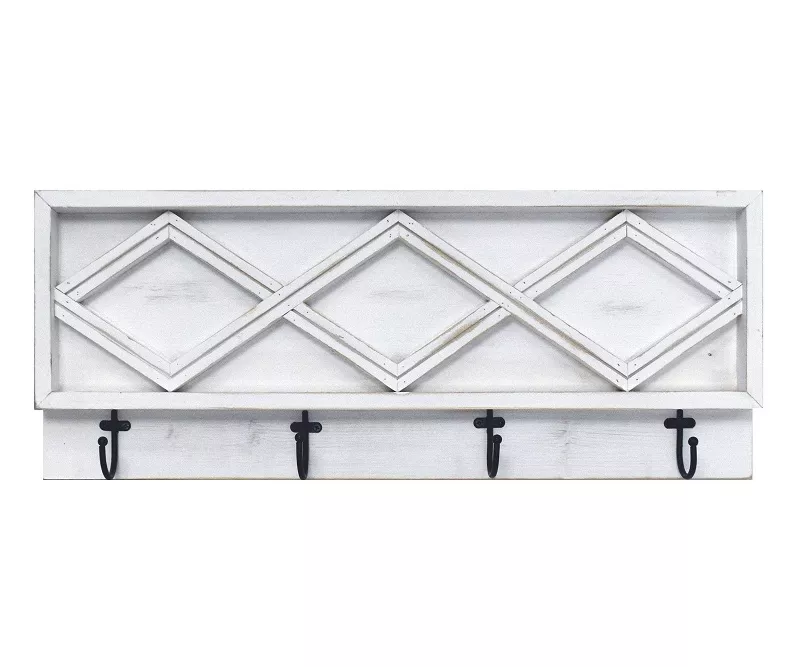 Whitewash Diamond Lattice Wall Plaque With Hooks 3 Whitewash Diamond Lattice Wall Plaque With Hooks