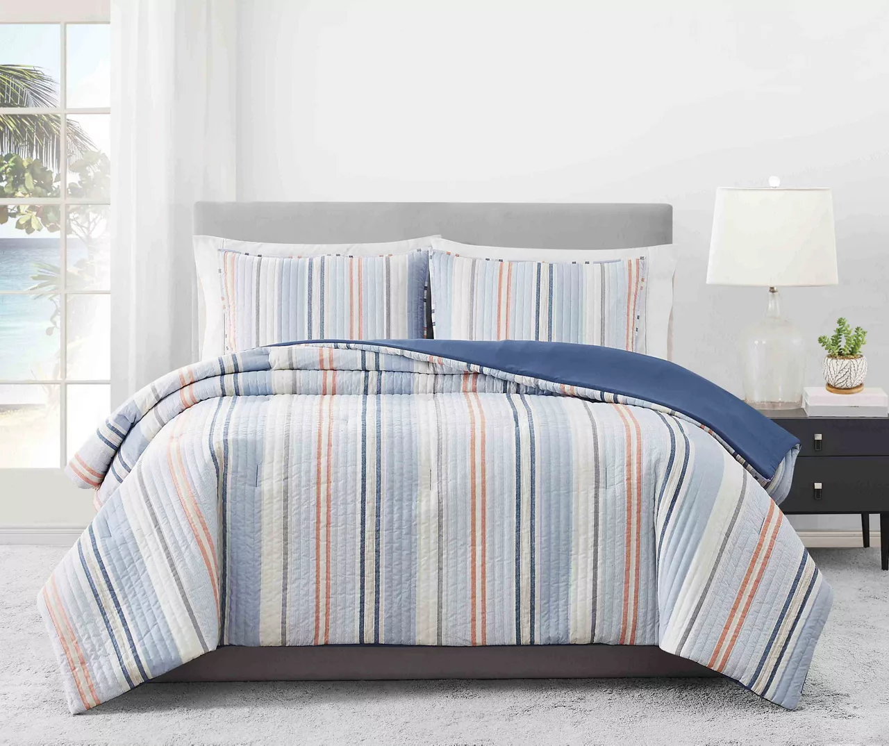 Broyhil Blue & Coral Stripe Comforter Set 4 Broyhil Blue & Coral Stripe Comforter Set - Image 2