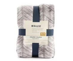 Gray & White Herringbone Twin/Full Plush Velvet Blanket -Broyhill 810609052 810609051 A0