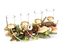 Festive Gathering Gold 4-Tier LED Votive Candle Centerpiece With Pine, Leaves And Berries -Broyhill 810613341 A0 1