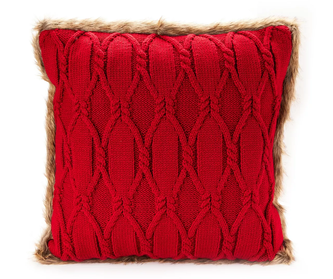 Red Cable-Knit Faux Fur-Trim Throw Pillow 3 Red Cable-Knit Faux Fur-Trim Throw Pillow