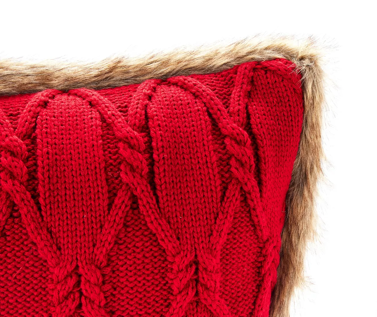 Red Cable-Knit Faux Fur-Trim Throw Pillow 5 Red Cable-Knit Faux Fur-Trim Throw Pillow - Image 3